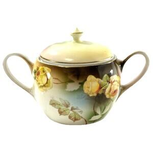 Antique P.S.A.G. Bavaria Hand Painted Sugar Bowl Yellow Roses Gold Trim
